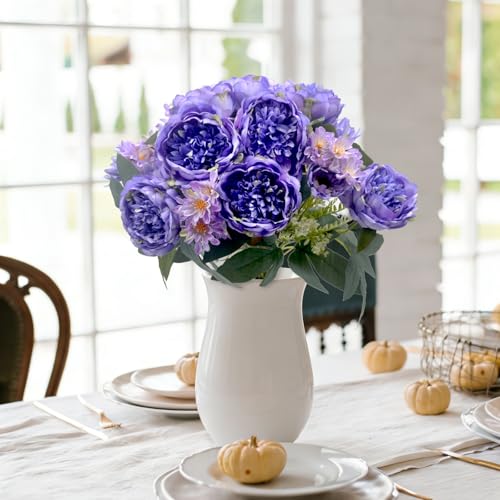 Peonies Artificial Flowers, Fake Peony Bouquet, Realistic Faux Peony Silk Flowers for Wedding, Home Décor, and Table Centerpieces – Ideal for Arrangements and Special Occasions 2 Bouquets (Purple) - color: Purple