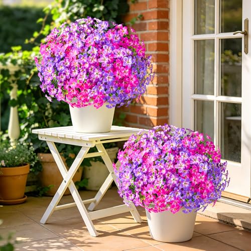 MARTINE MALL 12 Bundles Look Real Artificial Flowers for Outdoors, Realistic Fake Outdoor Flowers, UV Resistant Silk Petunia Flowers for Outside Faux Flowers for Outdoor, Fuchsia & Purple & Rose Red - color: Fuchsia & Purple & Rose Red, size: 12 Bundles