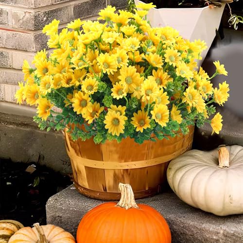 10pcs Outdoors Artificial Mum Flowers UV Resistant Daisy Fake Silk Chrysanthemum Greenery Faux Eucalyptus Plants for Spring Summer Garden Patio Window Box Planter Home Decor(Yellow) - color: Yellow