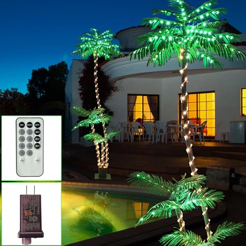 SOSHOT 7FT Lighted Artificial Palm Tree with Three Trunks and 260 LED Lights - Ideal for Outdoor/Indoor Use, Perfect for Tiki Bars, Patios, Homes, Offices, Beaches, Yards Pool, and Cruise Party - style: 7FT Electric