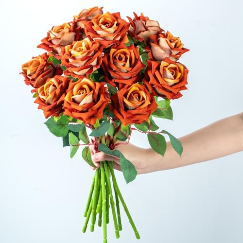 Ttranewsoo Fake Roses Faux Flowers Silk Roses Artificial Roses with Stems Realistic Artificial Flowers 16.5In Suitable for Indoor Home Decoration DIY Bouquet Wedding Decor Party Decor (Orange) 12PCS - color: Orange 12pcs