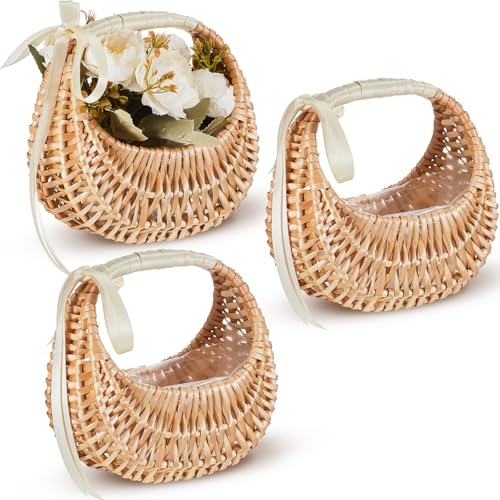 Taiyin Rattan Flower Girl Basket Small Half Moon Straw Wicker Basket with Handle Ideal for Wedding Flower Girl,Picnic,Garden Storage and Home Decor(White Ribbon) - style: White Ribbon