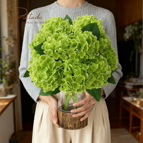 A Bunch 21in, Real Touch Green Hydrangea Artificial Flowers, with 5pcs Flower Head 10pcs Leaves,Faux Hydrangea Flowers for Home Office Decor Wedding Party Arrangements (1, Green) - color: Green, size: 1 Bunch