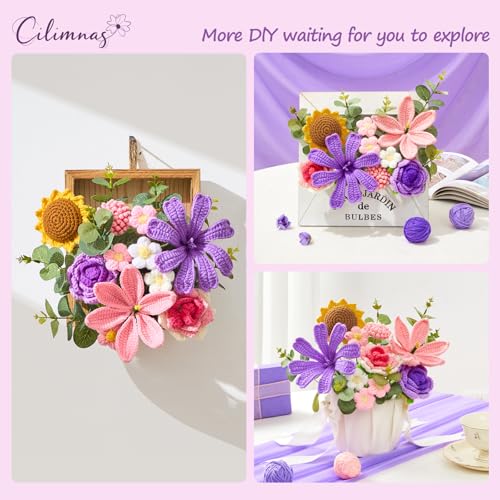 Crochet Flower Bouquet,Pink&Purple Knitted Flowers, Handmade Lily Sunflowers Roses Bouquet for Birthday Anniversary Party Mother's Day Graduation Gifts - color: Purple&pink