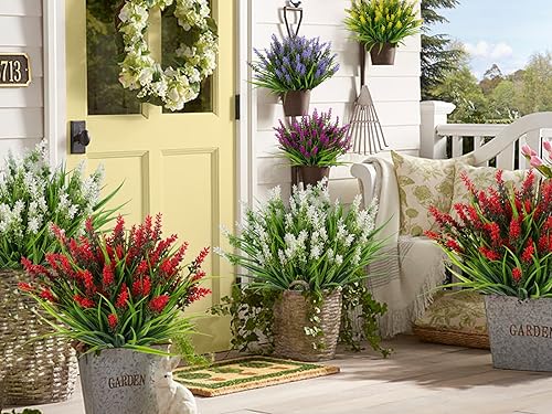 RECUTMS 12Pcs Fake Grass Plant,Fake Plants Outdoor, Artificial Grass, UV Resistant Faux Bushes Plastic Artificial Greenery Shrubs, Faux Greenery for House Garden Patio Front Porch Indoor Decor(Red) - color: Red