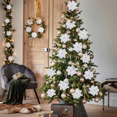 SITUMEIZI 24 Pcs White Poinsettia Flowers for Christmas, Glitter Poinsettia Artificial Flowers 5.5" with Clips Fake Christmas Ornaments Xmas Tree Wreath New Year Decorations - color: White