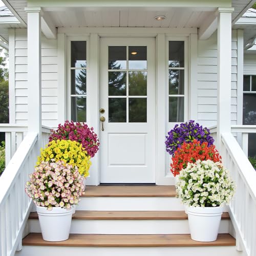 24" Artificial Potted Plants Outdoor Set of 2, UV Resistant Faux Pink Flowers with Eucalyptus, Decorative Plants in Pots for Front Porch, Patio & Entryway - color: Pink, size: 24in Morning Glory Eucalyptus