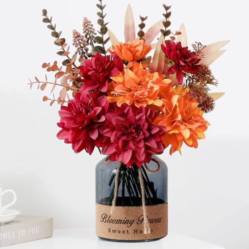 Leftover Fake Fall Flowers in Vase,Faux Flowers in Vase,Fall Floral Arrangement,Fall Centerpieces for Tables,Artificial Flowers,Kitchen Decor,Coffee Table Decor - color: Orange and Red