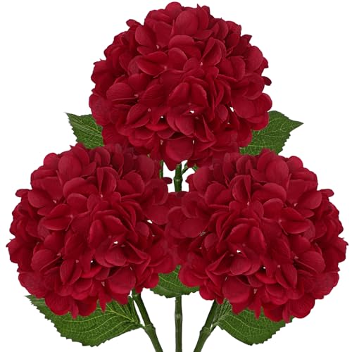 Hollyone 3Pcs Red Hydrangea Artificial Flowers Real Touch Faux Silk Hydrangeas Flowers with Stem Fake Florals Flower for Home Wedding Table Centerpiece Vase Arrangements Decoration - color: Red