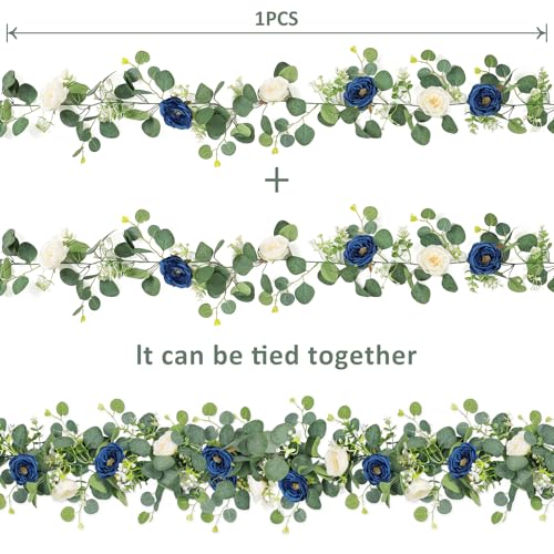 TOCHGREEN 2 Pack 13Ft Artificial Eucalyptus Flower Garland with White and Blue Roses, Fake Rose Flower Greenery Garland Floral Vines for Wedding Home Party Table Runner Decor (Blue White, 2PCS) - color: Blue White, size: 2PCS
