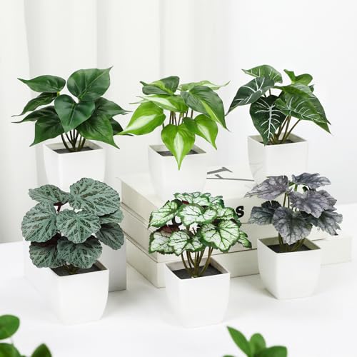 Briful 6PCS Fake Plants Potted Artificial Plants, Mini Faux Plants in White Pots Greenery Décor for Home Office Table Shelf Bathroom Farmhouse Indoor Decoration - color: Type#4