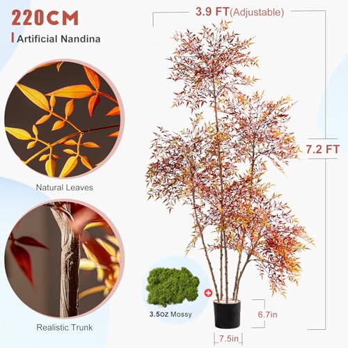 Faux Bamboo Plant Artificial Nandina Tree 7.2FT Artificial Plants Realistic 90% Better Coverage Faux Plant Bamboo Plants Faux Floor Plant in Pot for Home & Office Decor (Red, 7.2ft) - color: Red, size: 7ft 2in