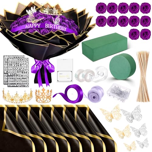 Money Bouquet Kit 12 Pcs Glitter Roses 20 Sheet Flower Wrapping Paper DIY Flower Bouquet Floral Foam Blocks Sticker for Anniversary Birthday Mother's Day Graduation(Purple) - color: Purple