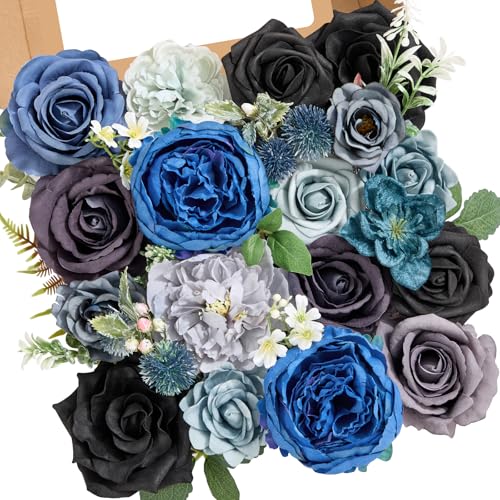 Serwalin Artificial Flowers, Blue & Grey Fake Silk Flowers for DIY Wedding Bridal Bouquets Faux Cake Flowers for Table Centerpieces Party Baby Shower Floral Decorations - color: Blue & Grey, size: Square