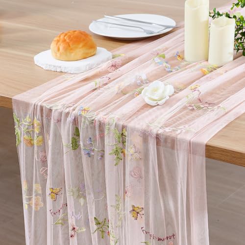 BINBE 1pcs Pink Florals Table Runner Embroidery Gauze 10FT Daisy Seasonal Tulle Birthday Wedding Holiday Kitchen Dining Table Decor for Home Party - color: Pink, size: 10ft x 1pack