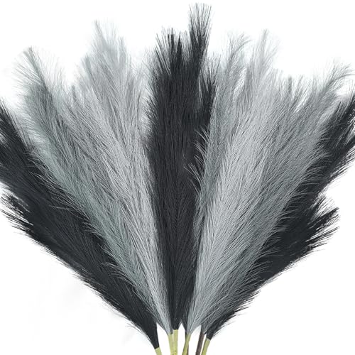 TORONTOKYO 8Pcs Black and Grey Faux Pampas Grass Tall Decor, 35.4” Fluffy Artificial Pompous Grass Branches, Large Pampas Grass Reed Stems for Floor Vase Filler, Wedding, Baby Shower, Home Boho Decor - color: Black, Grey, Silver, size: 35.4inch-8Pcs