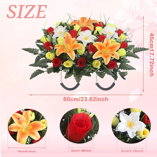 Cemetery Flower Saddle - grave flowers for cemetery,Artificial Rose, Lily & Orchid Arrangement for Headstone - All-Weather Grave Decor for Outdoor Tombstone Headstone Decorations (Red yellow) - color: Red Yellow