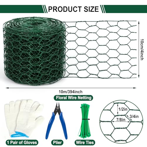 Floral Wire Netting, 4 x 394 Inch Flower Mesh Netting, Chicken Wire for Floral Arrangement, Galvanized Hexagonal Chicken Wire Fence with Plier Gloves, Protect Plant & Decorate Flower Arch, DIY Craft - size: 0.1*10m