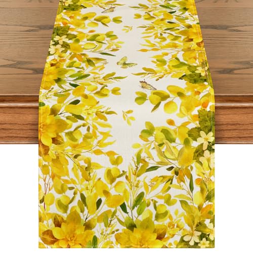 Artoid Mode Yellow Flowers Floral Eucalyptus Summer Table Runner, Seasonal Spring Kitchen Dining Table Decoration for Home Party Decor 13x72 Inch - color: Yellow, size: 13" x 72", Table Runner