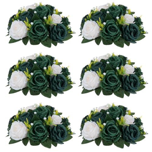 NUPTIO Green Flower Ball Centerpieces: 6 Pcs Artificial Rose Arrangements for Wedding Party Tables Decorations - Fake Silk Floral Kissing Balls for Home St Patrick's Day Christmas Event Dining - color: Forest Green & Hunter Green & Ivory, size: 6 Pcs