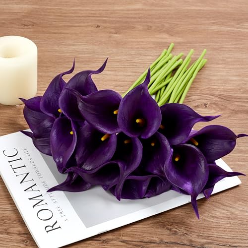 Artificial Calla Lily 12Pcs Purple Real Touch Faux Flowers for Wedding Bouquet, Bride Bridal Shower, Spring Home Kitchen Table Decor, Fake Lilies for Centerpieces, Party Decorations - color: Deep Purple