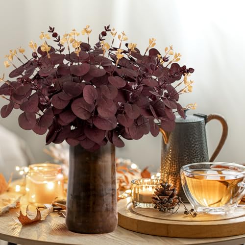 Yen Jean 20PCS Dark Wine Red Halloween Eucalyptus Stems Artificial Fake Flowers Bulk Decorations, Burgundy Branches for Indoor Table Centerpieces Party Supplies - style: Dark Red Wine