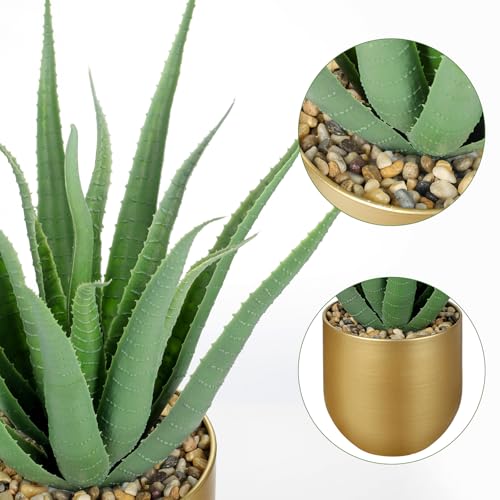 Briful Succulents Artificial Plants Realistic Agave Plant, 4.7'' Gold Metal Pot, Farmhouse Aloe Vera Fake Plants for Home Office Desk Bathroom Shelf Decorations - color: Green Agave Gold Vase