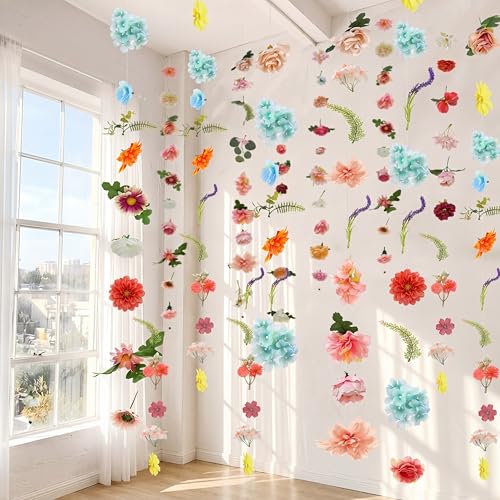 6 Pcs 35.4 Inch Artificial Pastel Flower Garlands with 3 Pcs 10 Ft Wedding Tulle Table Runner Wildflower Vines Floral Table Runner Garlands for Wedding Bridal Shower Spring Tea Party - style: Vibrant Wildflower