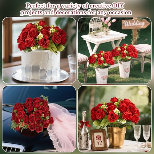 8 Pcs Wedding Bouquets Bulk 12 Inch Fake Silk Roses Flowers Bunches Red Artificial Rose Bouquet for Bride Bridesmaid Parties Garden Home Office