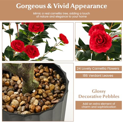 DREAMADE Artificial Camellia Tree, 38” Tall Potted Plant Artificial Decoration w/Cement Pot, 24 Flowers, Decorative Bonsai, Faux Plant Greenery for Indoor Living Room Office Dining Room Bedroom - color: Red
