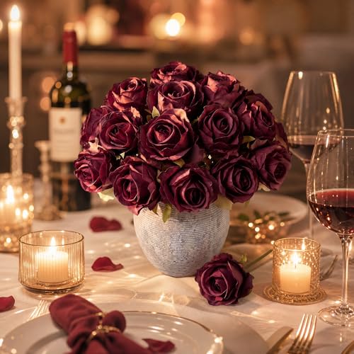 Ivydale 18pcs Burgundy Roses Artificial Flowers, Fake Roses Silk Flowers with Stems Realistic Bouquet for Mother's Day Wedding Party Home Decoration DIY Centerpiece Floral Romantic Gifts - color: Rose-burgundy