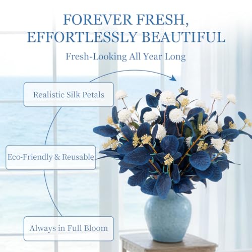 Dallisten Fake Flowers for Vase, 16 pcs Faux Silk Pompom Mum Artificial Flowers with Eucalyptus Stems, Mini Floral Long Stem Arrangements for Home Decor, Wedding, Table Centerpieces DIY Floral Designs - color: Navy Blue+white