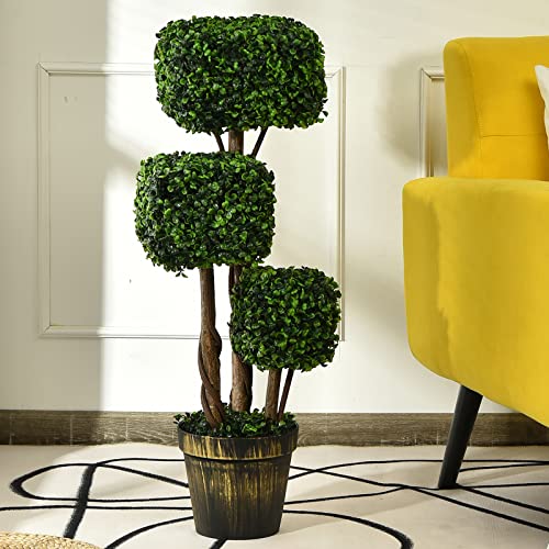 BestComfort 3 Feet Artificial Boxwood Topiary Tree, Decorative Triple Square Shaped Fake Plant, Wooden Rattan, Artificial Leafy Tree Faux Potted Indoor Floor Plant for Home Office Front Porch - color: Boxwood 3ft