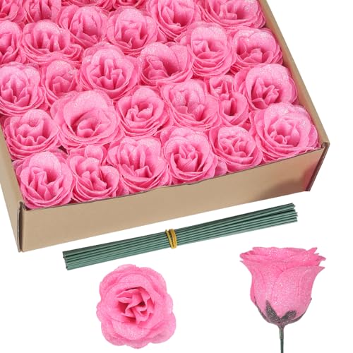 Artificial Roses,30PCS Pink Roses Glitter Roses Bouquet Fake Roses Artificial Flowers for Wedding Bouquet Party Christmas Home Decor(Pink) - color: Pink