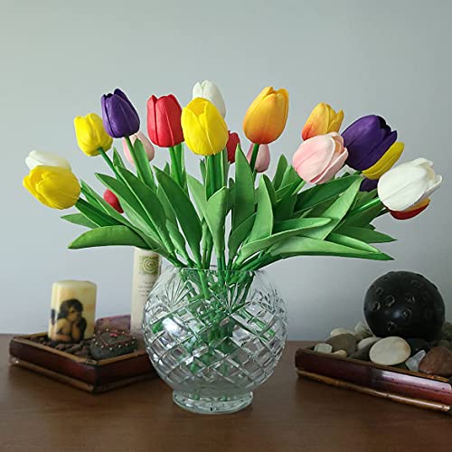 24pcs Multicolor Artificial Tulips Flowers Fake Faux PU Tulip Bouquet Real Touch Flower Arrangement for Home Decoration Excellent Gift Idea for Mothers Day（Multi） - color: Multi Color 24