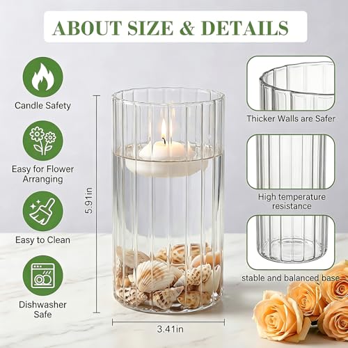 12 pcs Ribbed Glass Cylinder Vases for Centerpieces,6 inch Clear Glass Candle Cylinders, Flower Vase & Floating Candle Holder, Wedding Decorations, Dining Table & Home Décor Gift - size: Ribbed-12PCS