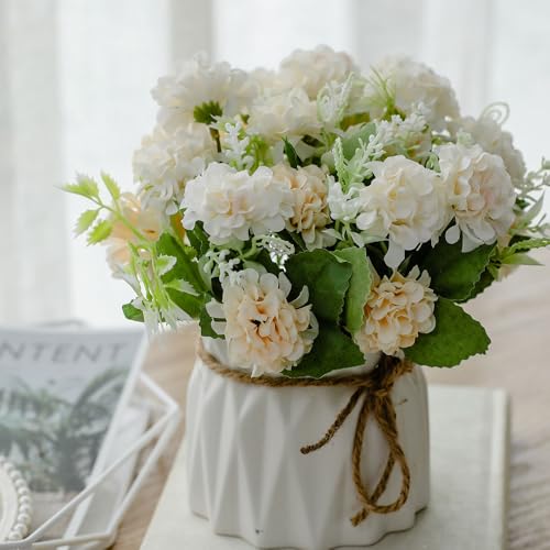 TKAS Fake Flowers Arrangement in Ceramic Vase, Artificial Faux Silk Hydrangea, Small Realistic Dried-Style Floral, Dining Table Centerpiece for Wedding Party Home Decoration (White) - color: White