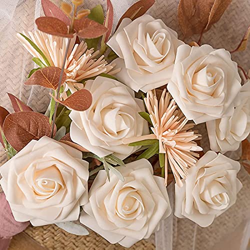 Higfra Artificial Flowers Champagne Roses W/Stem, Rustic Farmhouse Decor for Home Wedding Kitchen and Office Ideal Bridal Shower Party Home Decorations 25pcs - color: Champagne, size: 25Pcs