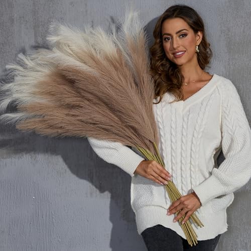 Faux Pampas Grass Tall, 9 PCS 43''/ 110 cm Large Fluffy Pampas Grass Decor, Fake Pompas Branches, Long Feathers for Floor Vase, Boho Flower Arrangement for Home Wedding Decor (Natural Beige) - color: Natural Beige