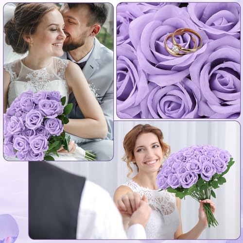 72 Pcs Artificial Roses Light Purple Fake Silk Roses Realistic Roses Faux Flower Indoor Wedding Home Decor, Birthday Decorations - color: Light Purple