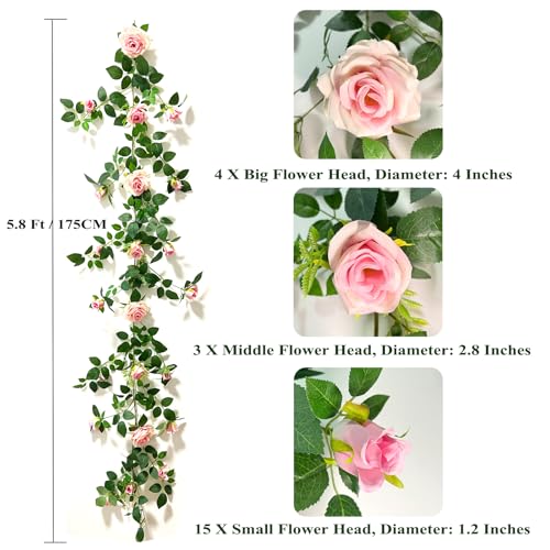 5.9FT Bendable Rose Flower Garlands, Artificial Silk Wild Roses Vine Hanging Flowers for Wall Fireplace Fence Trellis Wedding Baby Shower Home Spring Decor(Pink,2PC) - color: Pink, size: 2