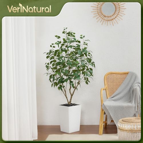 VeriNatural 5FT Artificial Ficus Tree with White Taper Planter & Pebbles– Tall Faux Trees with UV Resistant Silk Leaves for Indoor Outdoor - Potted Fake Floor Plants for Home Office Room Decor, VN128
