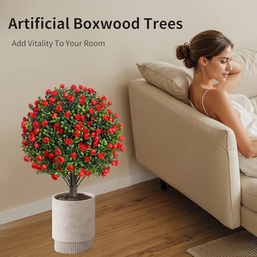 Artificial Rose Topiary Trees, 22 Inch UV-Resistant Red Flowers, Set of 2 with Ground Stakes, Indoor Outdoor Decorative Plants (2, Red Rose) - color: Red Rose