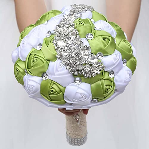 XINNI Handmade Bridal Wedding Bouquet Bride Bridesmaid Satin Rose Flower Bouquet with Meteor Shower Shape Rhinestone Wedding Decoration (Green+White) - color: Green+white