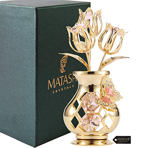 Matashi Crystal Studded 24K Gold Plated Flower Ornament with Pink Crystals and Butterfly Vase – Elegant Tabletop Accent for Living Room – Keepsake Gift for Women, Mom, Wife, Grandma, Birthday - color: Pink Crystal