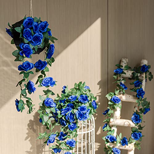4 Pack (32FT) Artificial Rose Vine Fake Flowers Garland Hanging Silk Rose Ivy Plants Vine for Wedding Arch Party Garden Home Bedroom Office Wall Aesthetic Art Décor (Royal Blue) - color: Blue