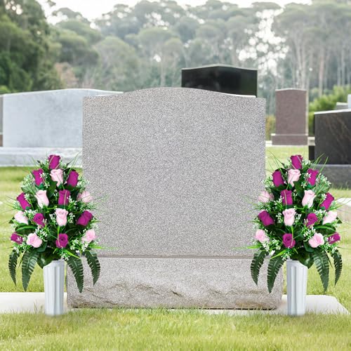 XONOR 2 Sets Artificial Cemetery Flowers, Grave Decorations Roses, Memorial Flowers Bouquet with Vase for Grave Cemetery Decoration (Purple&Pink) - color: Purple&pink