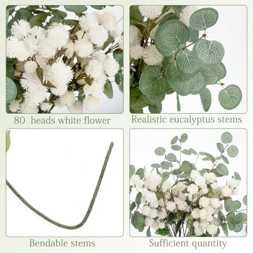 Artificial White Flower Chrysanthemum and Eucalyptus Stems Set,Faux Pom Pom Flowers with Realistic Silk Eucalyptus Leaves Bendable Long Stems for Vase Home Table Centerpiece Decor