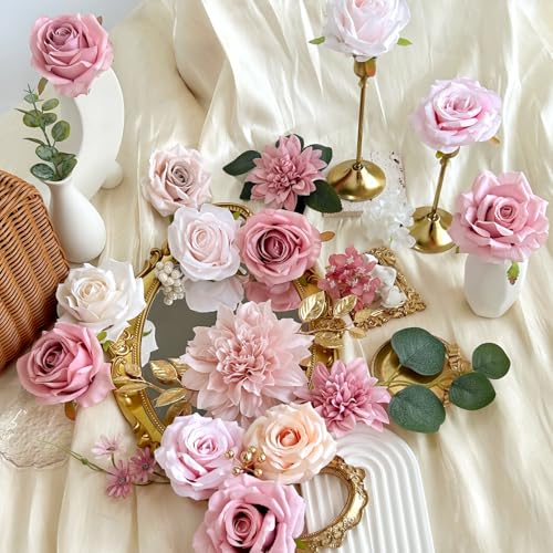 Silk Artificial Flowers Combo Box Set Dusty Pink Roses Gold Flowers Blush Pink Bridal Wedding Bouquets Cake DIY Fake Floral with Stems Arrangements Baby Shower Party Table Centerpieces Home Decor - color: Dusty Rose Gold