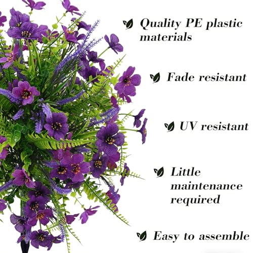 2PACK Artificial Topiary Ball Flowers Boxwood Lavender Plants with Spike,Outdoors Fake Greenery Plants UV Resistant,Plastic Faux Shrubs for Porch Yard Garden Spring Summer D17 - color: Violet Purple